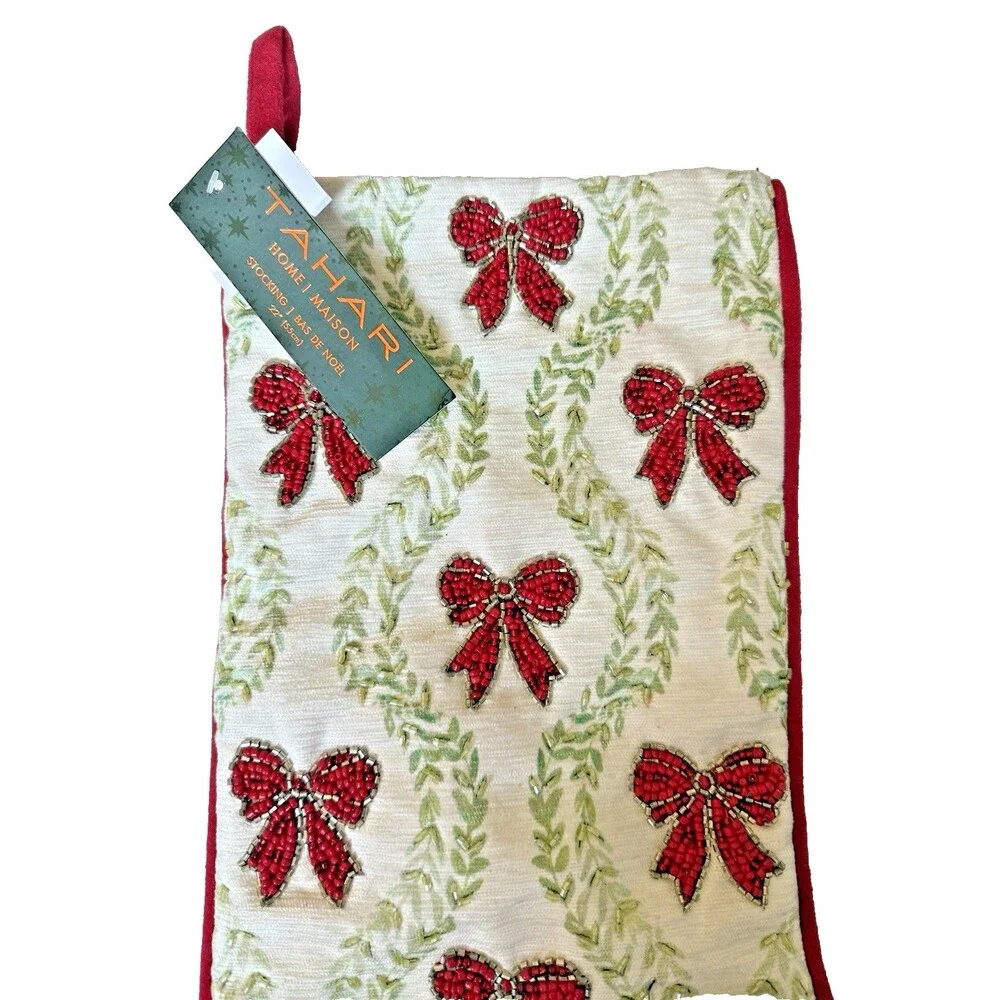 Tahari Home Christmas Stocking Beaded Bows Red Gold Silver Green 22” Coquette